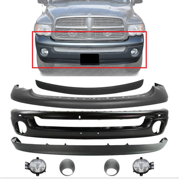 Front Bumper + Upper Cover + Molding Step Pad + Lower Valance + Fog Lights Assembly & Moldings Right & Left Side Direct Replacement Compatible With 2002-2005 Dodge Ram 1500 2500 3500