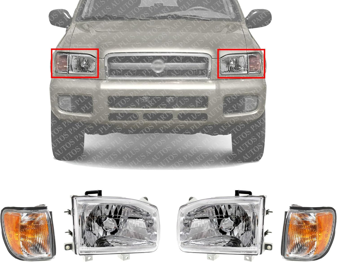 Front Headlights + Corner Lamps Assembly Right Passenger & Left Driver Side Direct Replacement Compatible With 1999-2004 Nissan Pathfinder NI2503127 NI2502127 NI2520127 NI2521127