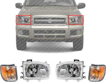 Front Headlights + Corner Lamps Assembly Right Passenger & Left Driver Side Direct Replacement Compatible With 1999-2004 Nissan Pathfinder NI2503127 NI2502127 NI2520127 NI2521127