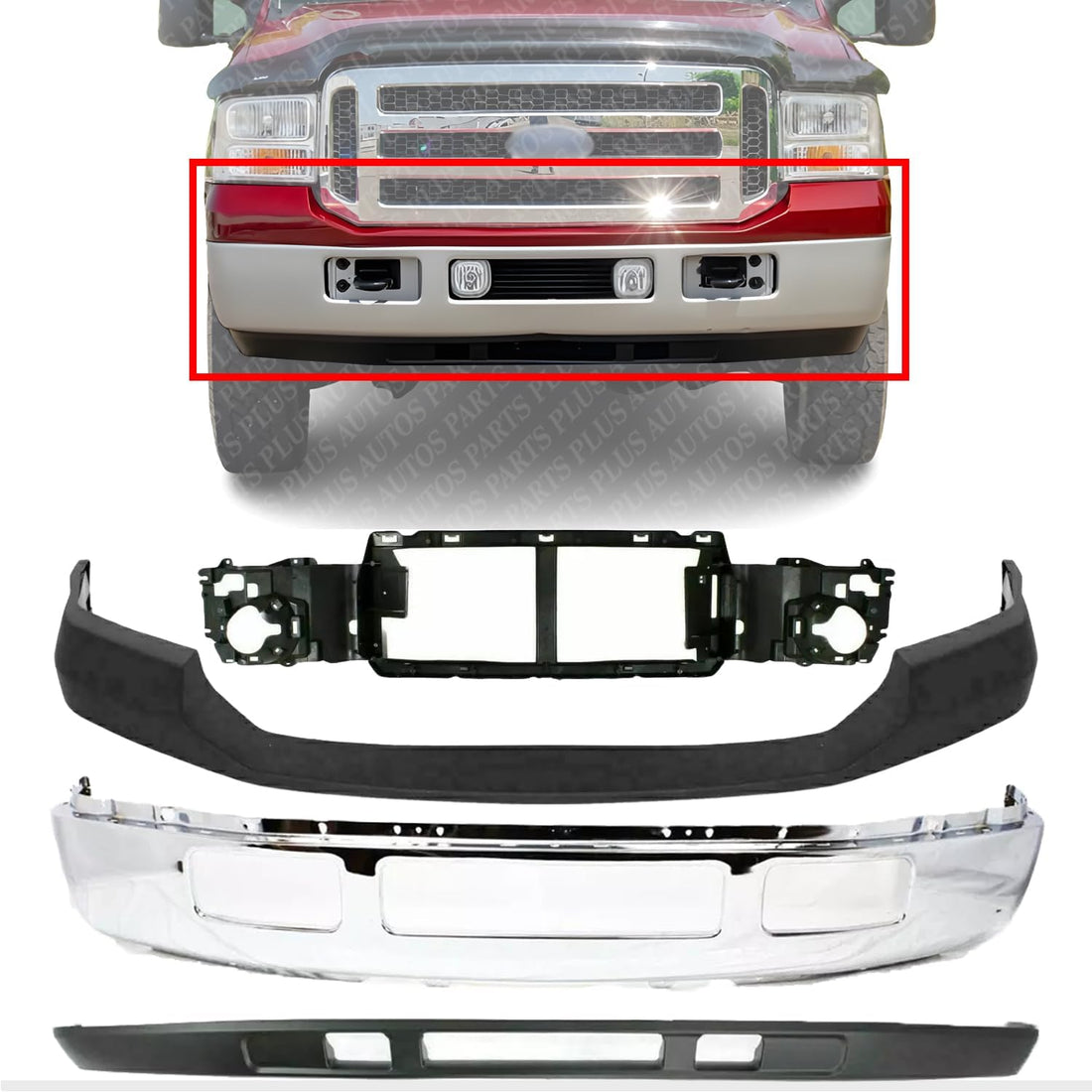 AUTOS PARTS PLUS Front Bumper Chrome + Upper Cover Primed + Lower Valance Textured + Header Panel Direct Replacement Compatible With 2005-2007 Ford F-Series Super Duty FO1002392 FO1095219 FO1057292