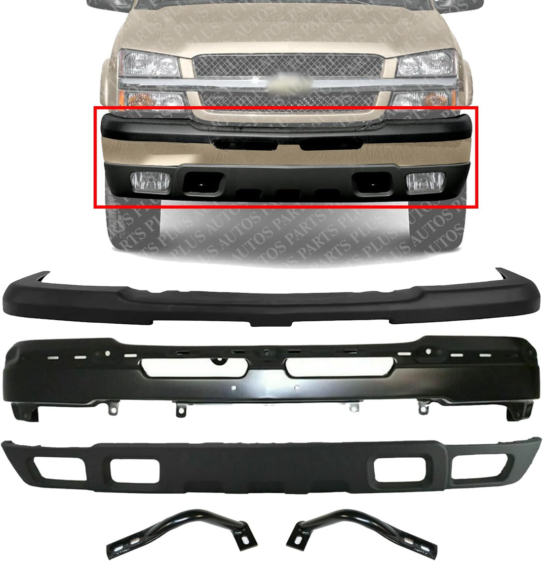 Front Bumper Primed + Upper Cover + Lower Valance Textured + Outer Brace Bracket Left & Right Side Direct Replacement Compatible With 2003-2006 Chevrolet Silverado 1500