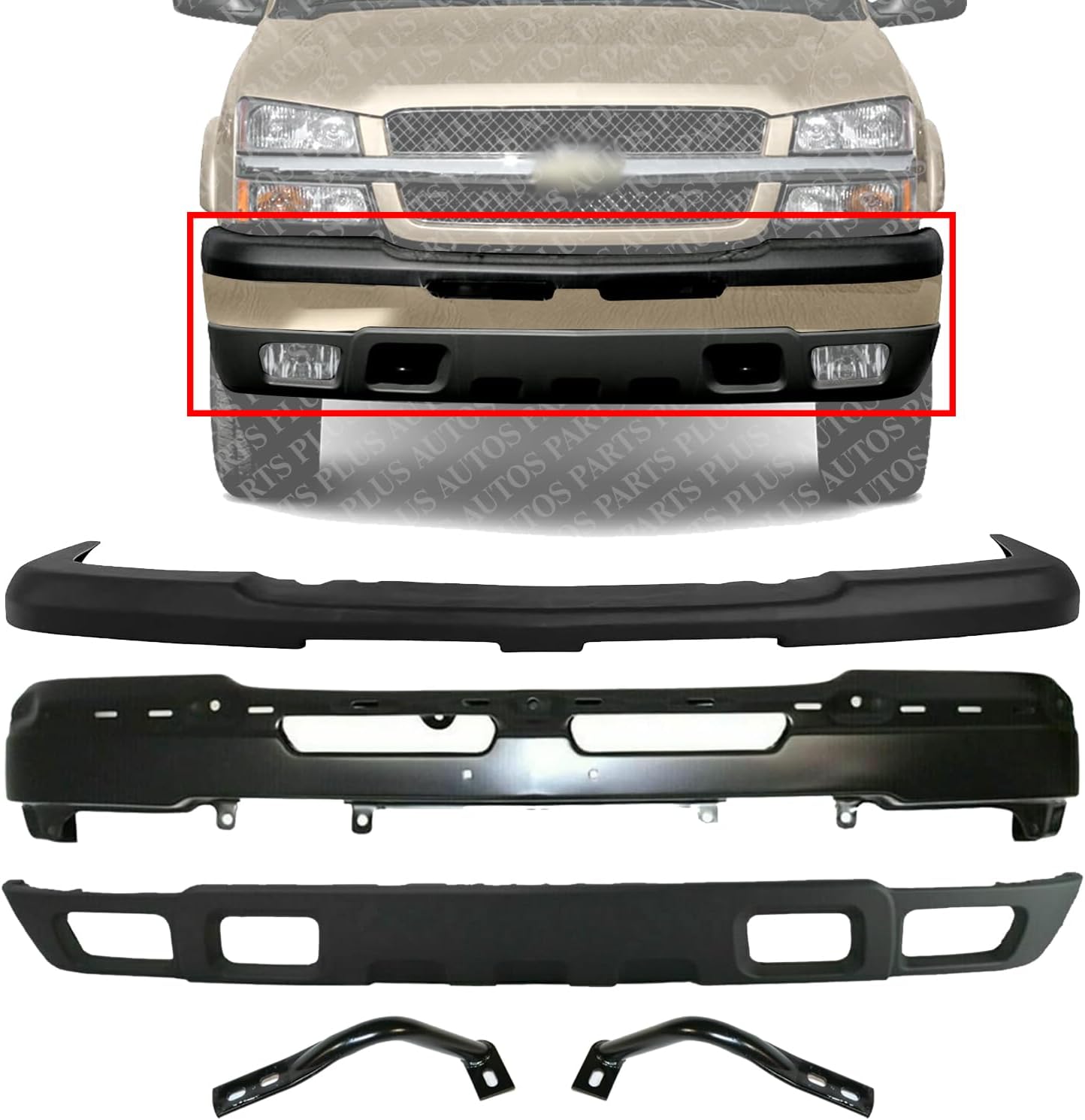 Front Bumper Primed + Upper Cover + Lower Valance Textured + Outer Brace Bracket Left & Right Side Direct Replacement Compatible With 2003-2006 Chevrolet Silverado 1500