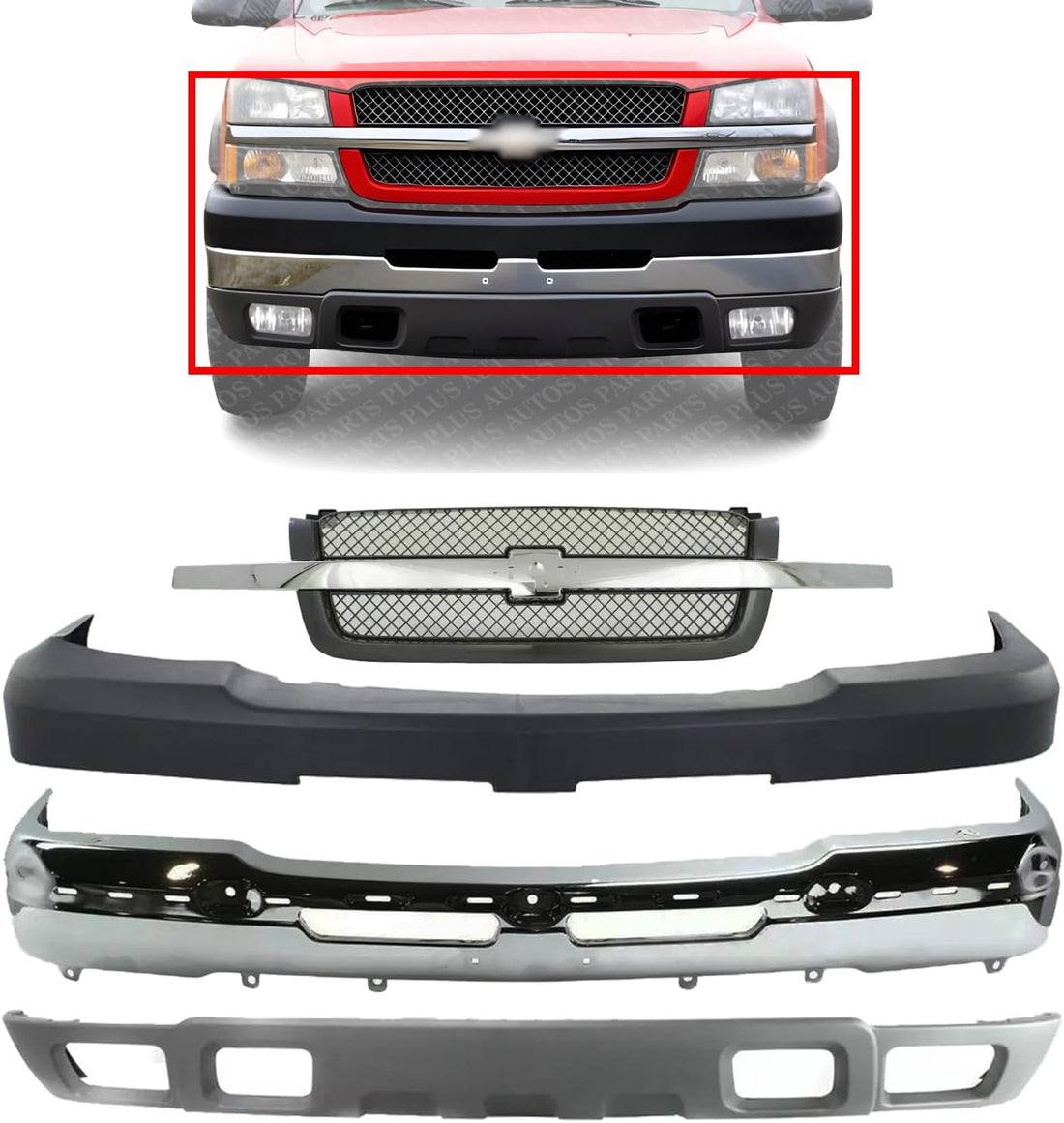 Front Bumper Chrome Steel + Grille + Upper Cover + Lower Valance Textured Direct Replacement Compatible With 2003-2006 Chevrolet Silverado 2500HD 3500 GM1051109 GM1200489 GM1002416