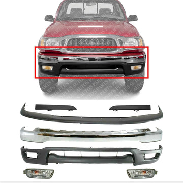 Front Bumper Chrome Steel + Lower Valance + Upper Filler + Head Lamps Fillers + Signal Lights Direct Replacement Compatible With 2001-2004 Toyota Tacoma TO1095196 TO1087112