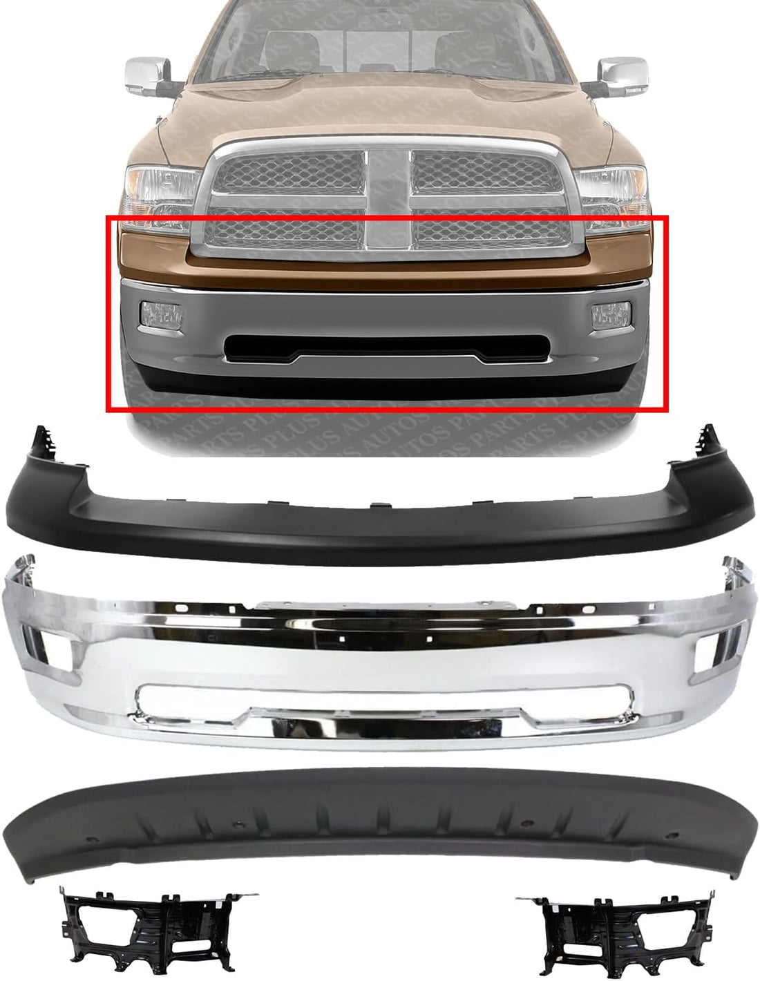 Front Bumper Chrome + Upper Cover + Lower Valance Air Dam Primed + Brackets Right Passenger & Left Driver Side Direct Replacement Compatible With 2009-2012 Dodge Ram 1500 CH1002386