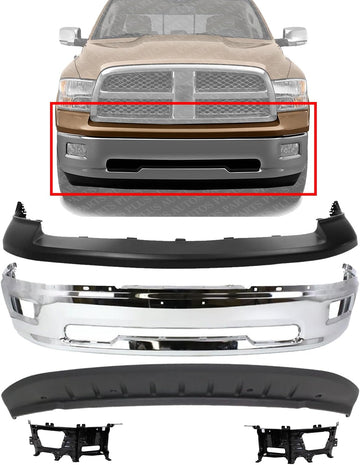 Front Bumper Chrome + Upper Cover + Lower Valance Air Dam Primed + Brackets Right Passenger & Left Driver Side Direct Replacement Compatible With 2009-2012 Dodge Ram 1500 CH1002386