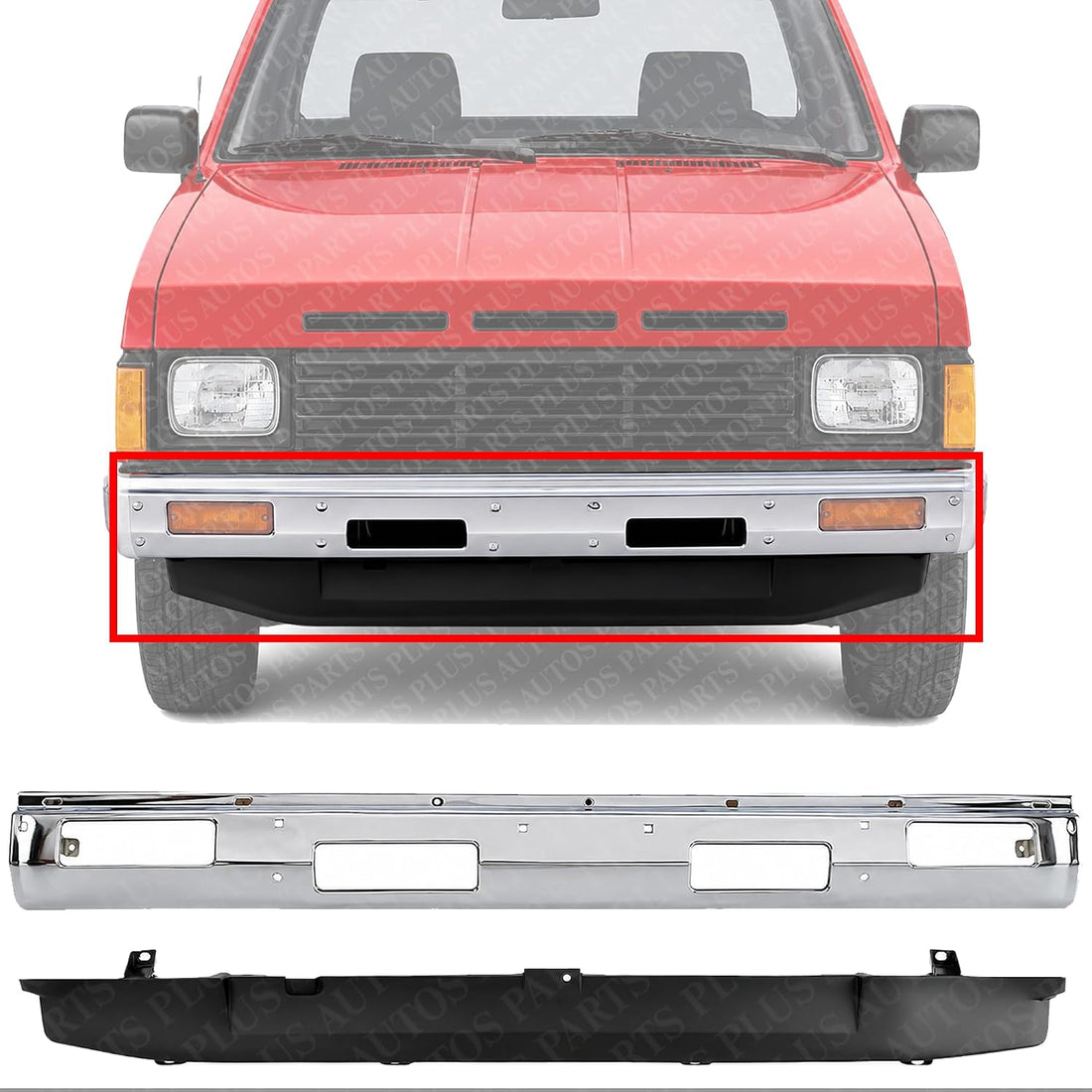 Front Bumper Chrome Steel With Top Pad Holes + Lower Valance Panel Primed Direct Replacement Compatible With 1986-1992 Nissan D21 / 1987-1992 Pathfinder NI1002107 NI1095102 6202209G25