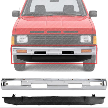 Front Bumper Chrome Steel With Top Pad Holes + Lower Valance Panel Primed Direct Replacement Compatible With 1986-1992 Nissan D21 / 1987-1992 Pathfinder NI1002107 NI1095102 6202209G25