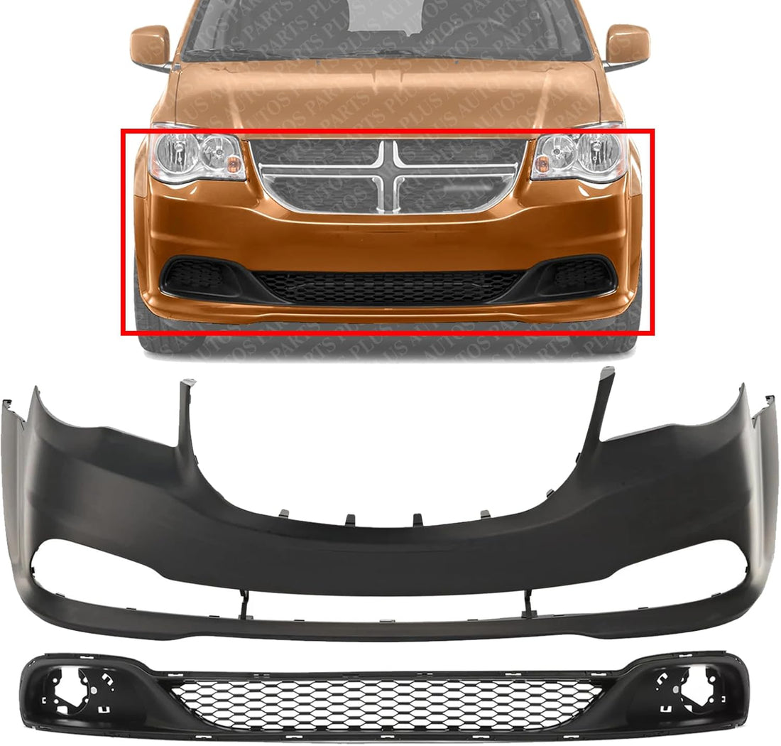 Front Bumper Cover Primed With Fog Light Holes + Lower Grille Textured Gray Direct Replacement Compatible With 2011-2020 Dodge Grand Caravan CH1000A02 CH1036115 68088966AA 68100690AA