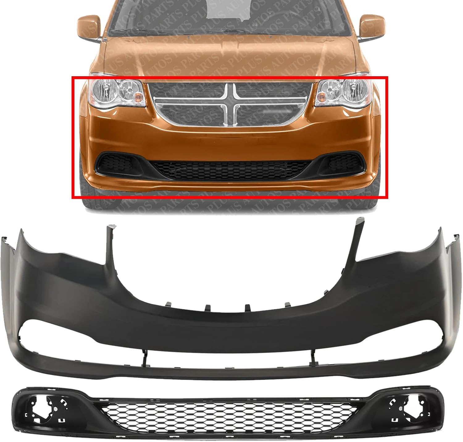 Front Bumper Cover Primed With Fog Light Holes + Lower Grille Textured Gray Direct Replacement Compatible With 2011-2020 Dodge Grand Caravan CH1000A02 CH1036115 68088966AA 68100690AA