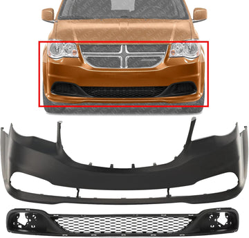 Front Bumper Cover Primed With Fog Light Holes + Lower Grille Textured Gray Direct Replacement Compatible With 2011-2020 Dodge Grand Caravan CH1000A02 CH1036115 68088966AA 68100690AA