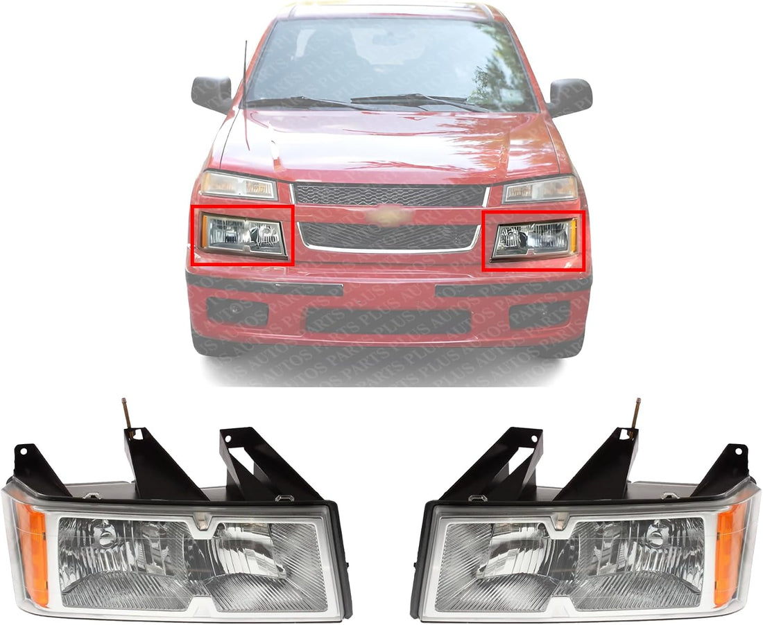 Set Of 2 Front Headlight Assembly With Chrome Interior Left Driver & Right Passenger Side Direct Replacement Compatible With 2005-2008 Chevrolet Colorado/GMC Canyon GM2502247