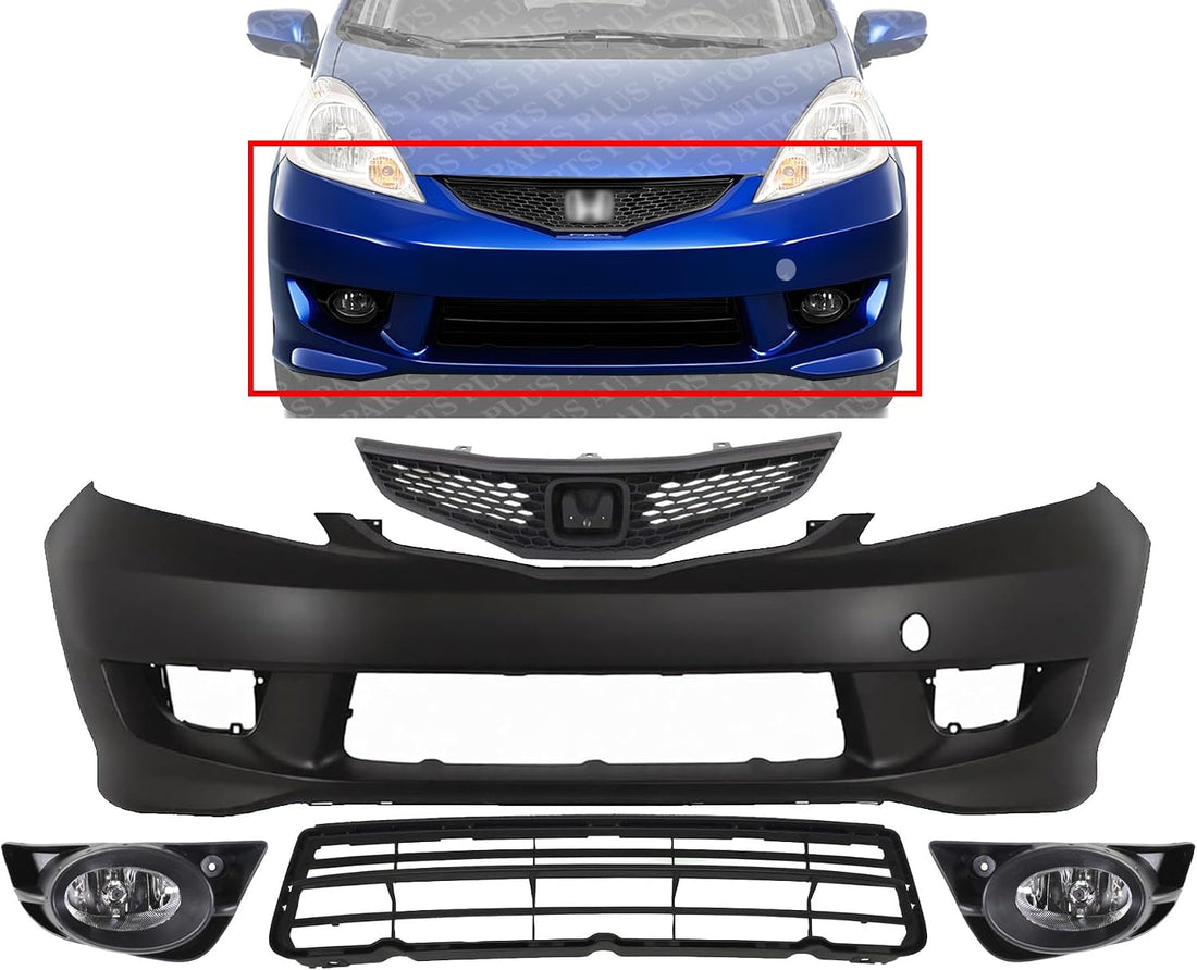 Front Bumper Cover Primed Plastic + Upper & Lower Grille + Fog Light Left Driver & Right Passenger Side Direct Replacement Compatible With 2009-2011 Honda Fit