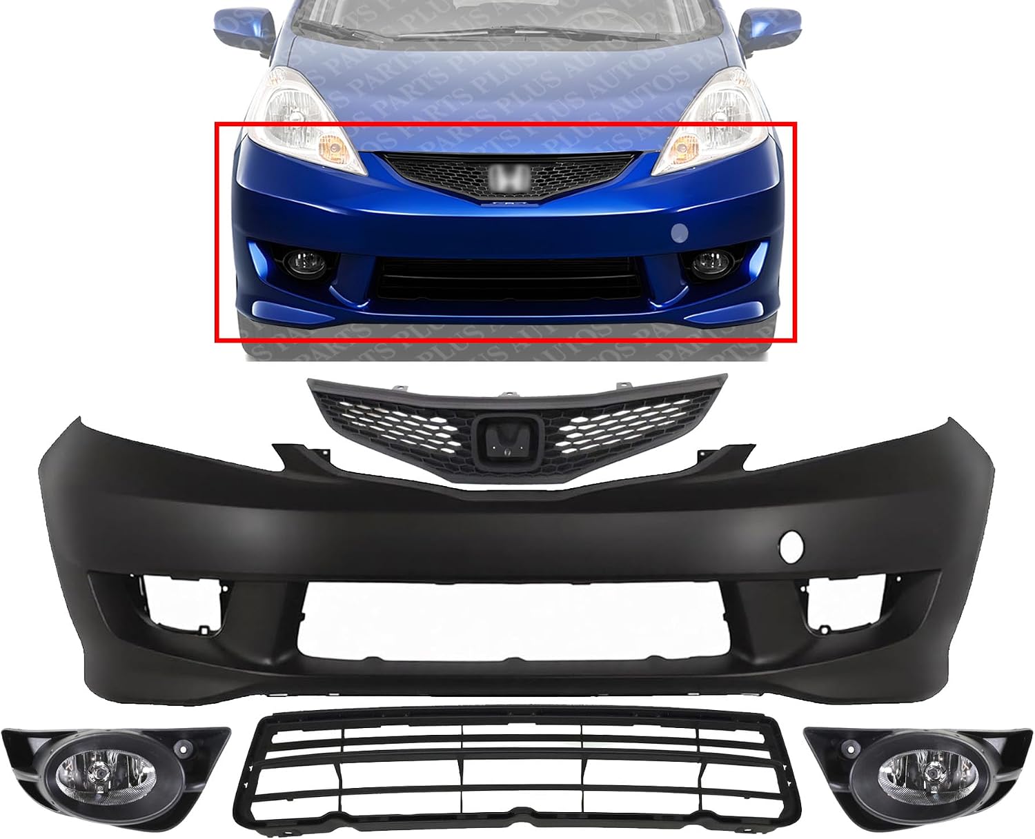 Front Bumper Cover Primed Plastic + Upper & Lower Grille + Fog Light Left Driver & Right Passenger Side Direct Replacement Compatible With 2009-2011 Honda Fit
