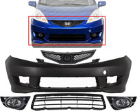 Front Bumper Cover Primed Plastic + Upper & Lower Grille + Fog Light Left Driver & Right Passenger Side Direct Replacement Compatible With 2009-2011 Honda Fit