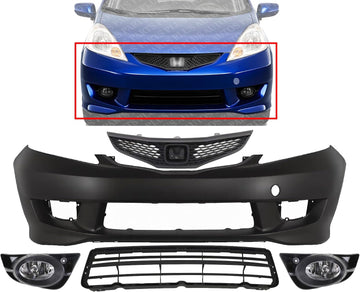 Front Bumper Cover Primed Plastic + Upper & Lower Grille + Fog Light Left Driver & Right Passenger Side Direct Replacement Compatible With 2009-2011 Honda Fit