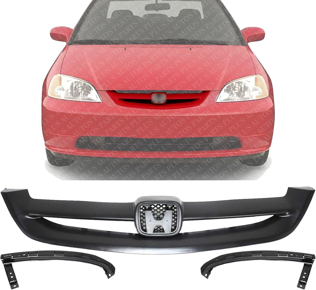 Front Grille Primed Shell and Insert + Bumper Filler Left Driver & Right Passenger Side Direct Replacement Compatible With 2001-2003 Honda Civic HO1088108 HO1089108 HO1200153