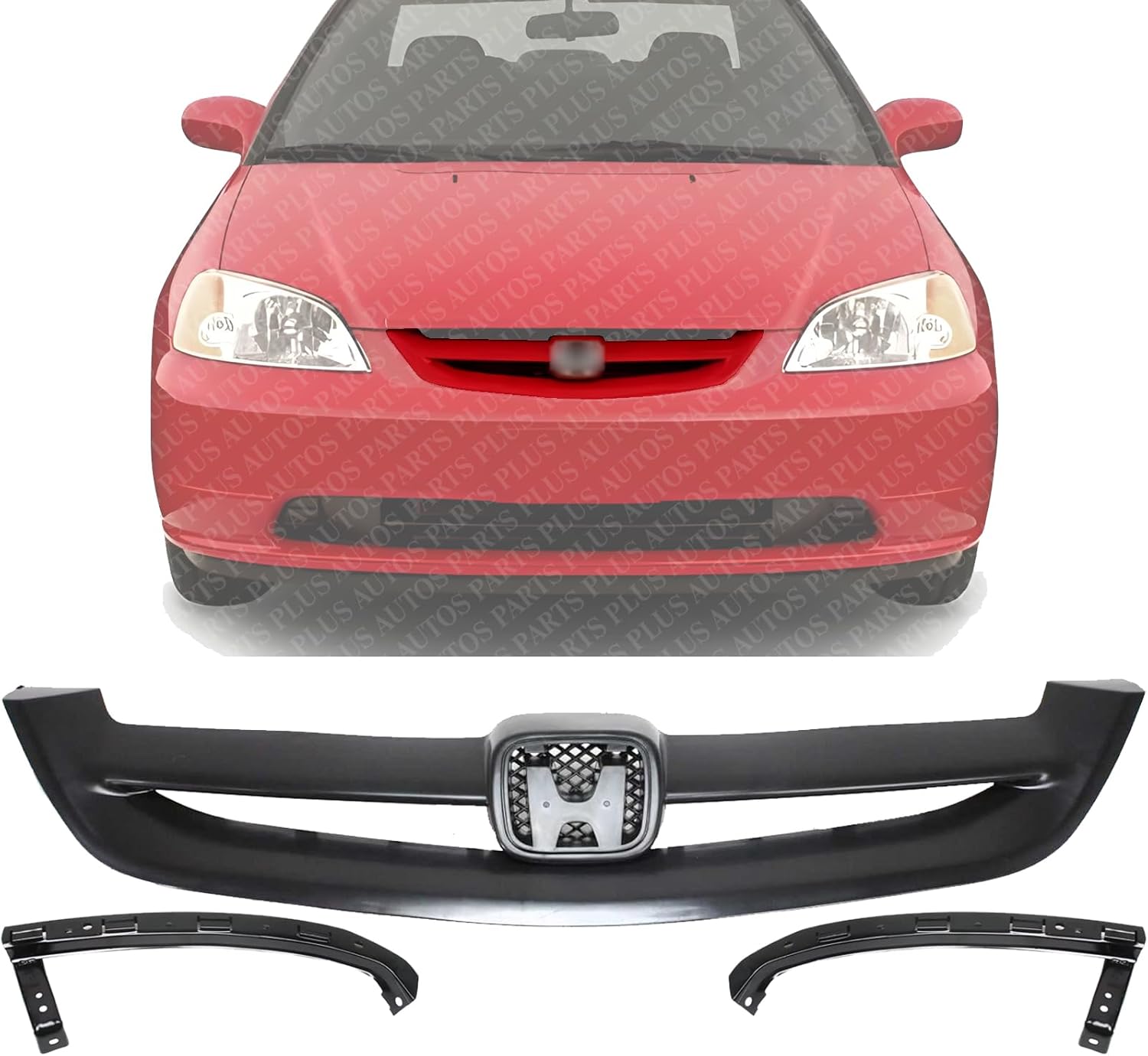 Front Grille Primed Shell and Insert + Bumper Filler Left Driver & Right Passenger Side Direct Replacement Compatible With 2001-2003 Honda Civic HO1088108 HO1089108 HO1200153