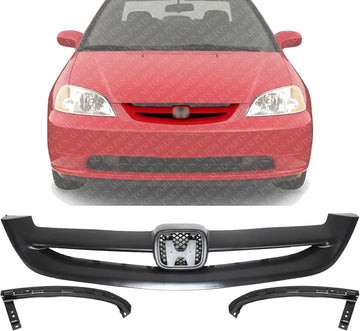 Front Grille Primed Shell and Insert + Bumper Filler Left Driver & Right Passenger Side Direct Replacement Compatible With 2001-2003 Honda Civic HO1088108 HO1089108 HO1200153