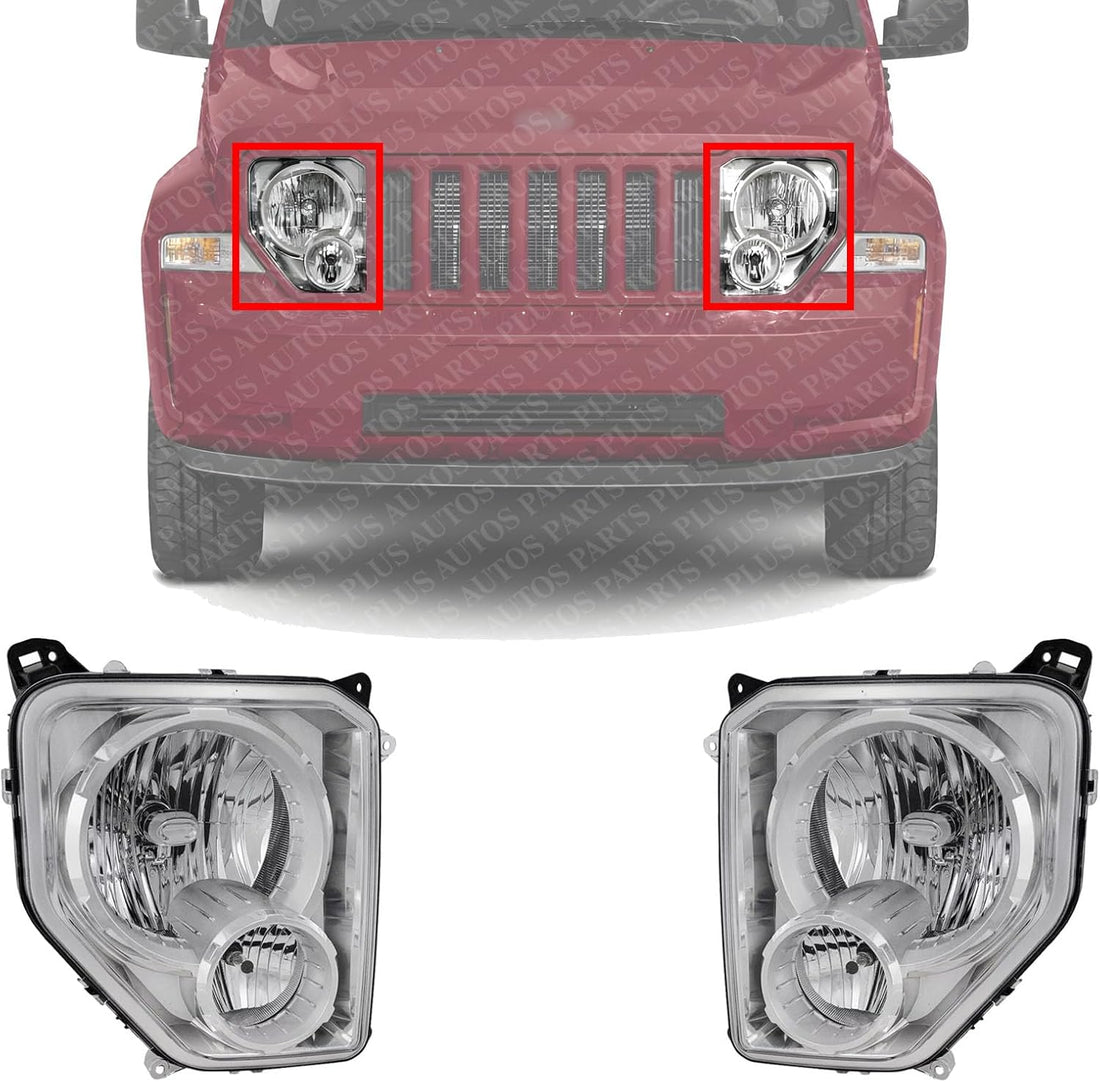 Set Of 2 Front Head Light Assembly Chrome Interior Left Driver & Right Passenger Side Direct Replacement Compatible With 2008-2012 Jeep Liberty CH2502196 CH2503196 55157339AE