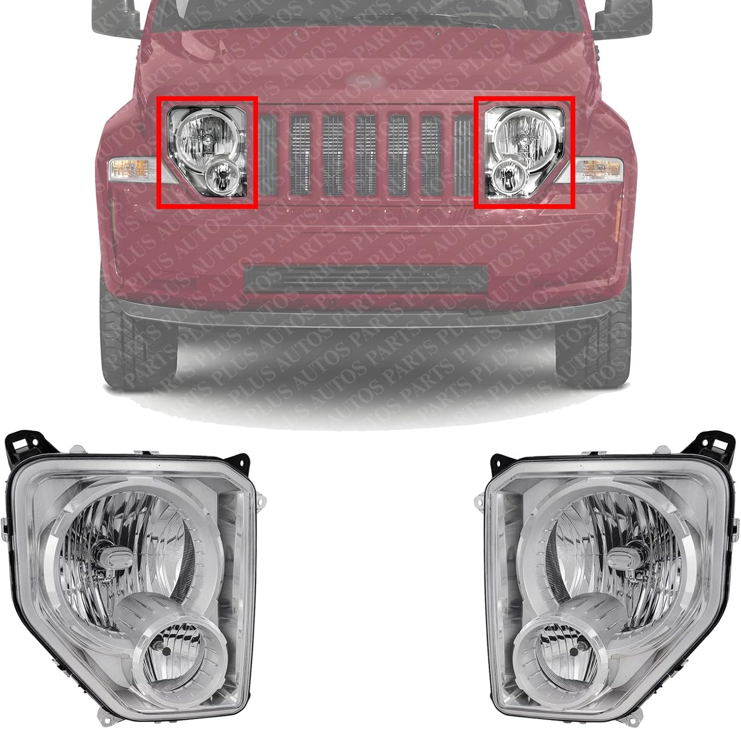 Set Of 2 Front Head Light Assembly Chrome Interior Left Driver & Right Passenger Side Direct Replacement Compatible With 2008-2012 Jeep Liberty CH2502196 CH2503196 55157339AE