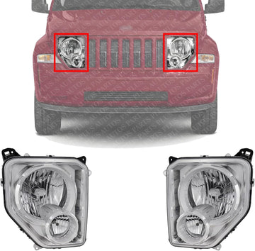 Set Of 2 Front Head Light Assembly Chrome Interior Left Driver & Right Passenger Side Direct Replacement Compatible With 2008-2012 Jeep Liberty CH2502196 CH2503196 55157339AE