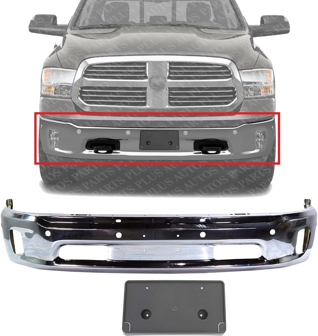 Front Bumper Chrome Steel With Parking Aid Sensor & Fog Light Holes + License Plate Bracket Direct Replacement Compatible With 2014-2018 Ram 1500 CH1002402 CH1068127 68160857AA
