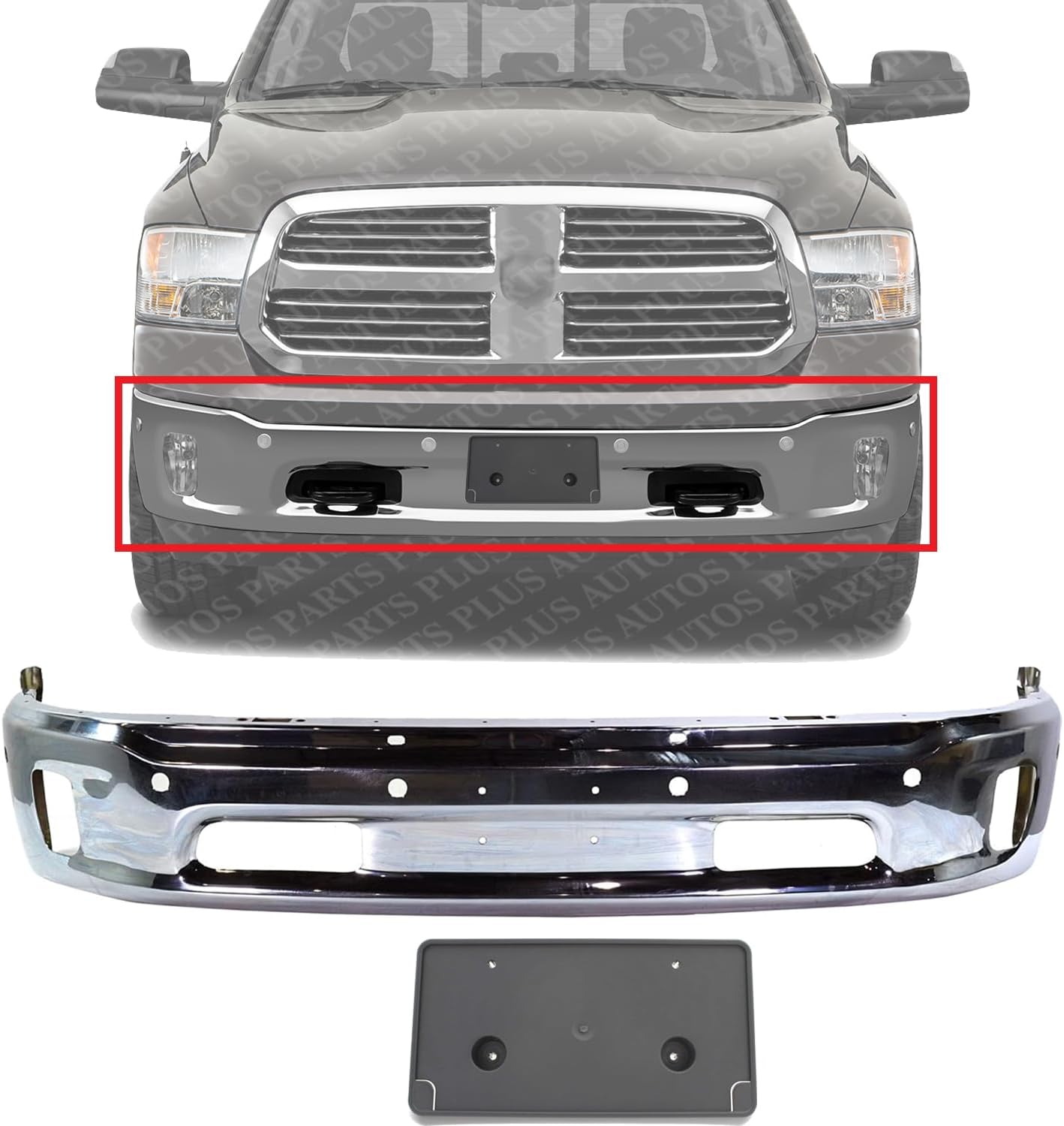Front Bumper Chrome Steel With Parking Aid Sensor & Fog Light Holes + License Plate Bracket Direct Replacement Compatible With 2014-2018 Ram 1500 CH1002402 CH1068127 68160857AA