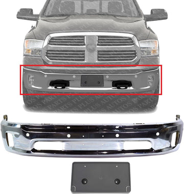 Front Bumper Chrome Steel With Parking Aid Sensor & Fog Light Holes + License Plate Bracket Direct Replacement Compatible With 2014-2018 Ram 1500 CH1002402 CH1068127 68160857AA
