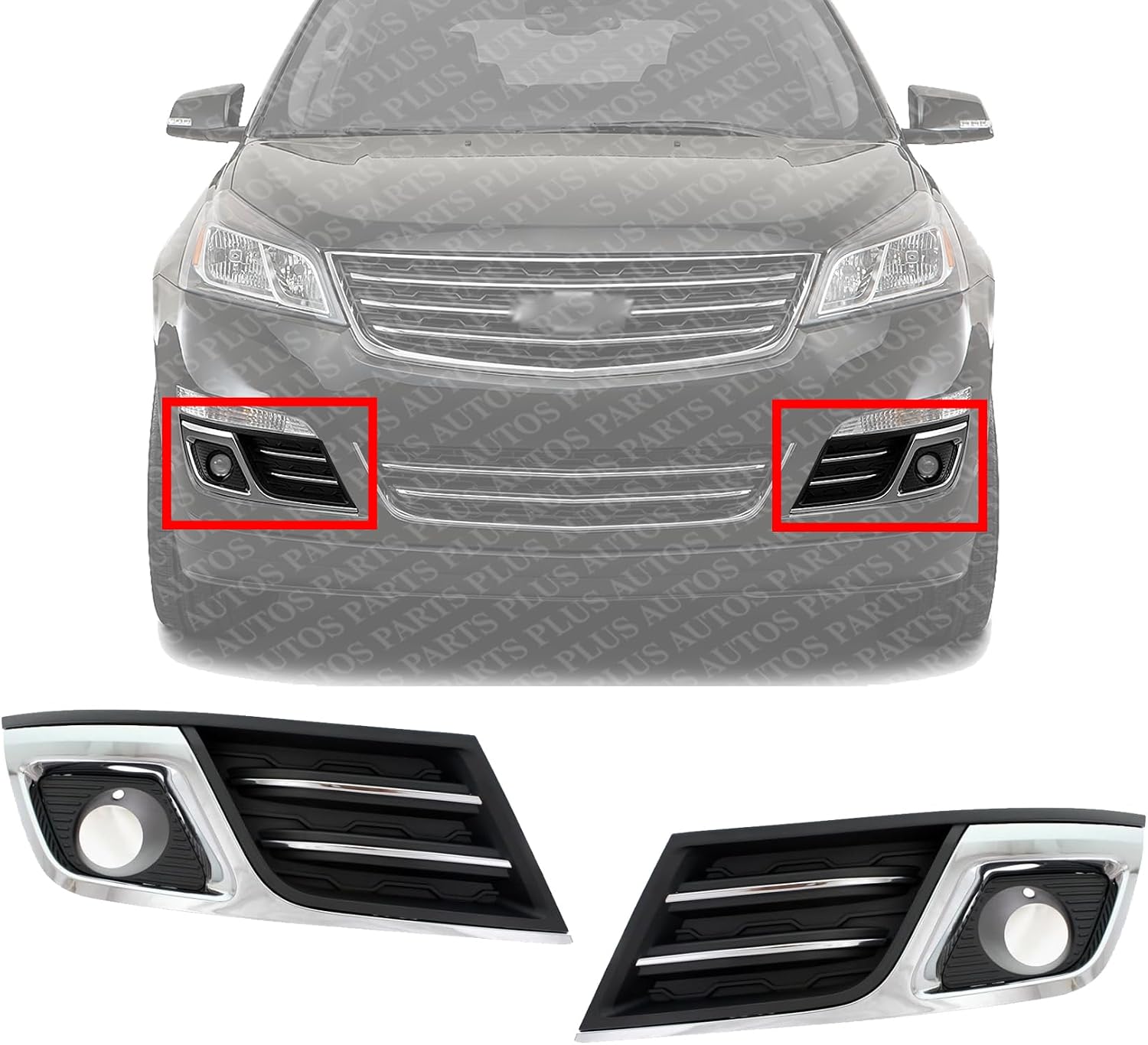 Set Of 2 Front Fog Light Moldings Textured Plastic With Chrome Trim Left Driver & Right Passenger Side Direct Replacement Compatible With 2013-2017 Chevrolet Traverse