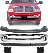 Front Bumper Chrome Steel + Upper Cover Primed + Lower Valance Air Dam Textured + Brackets Left & Right Side Direct Replacement Compatible With 2002-2005 Dodge Ram 1500 CH1002383