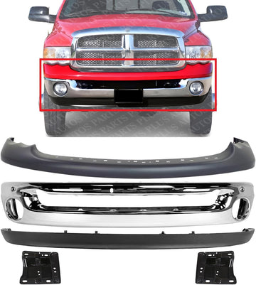 Front Bumper Chrome Steel + Upper Cover Primed + Lower Valance Air Dam Textured + Brackets Left & Right Side Direct Replacement Compatible With 2002-2005 Dodge Ram 1500 CH1002383