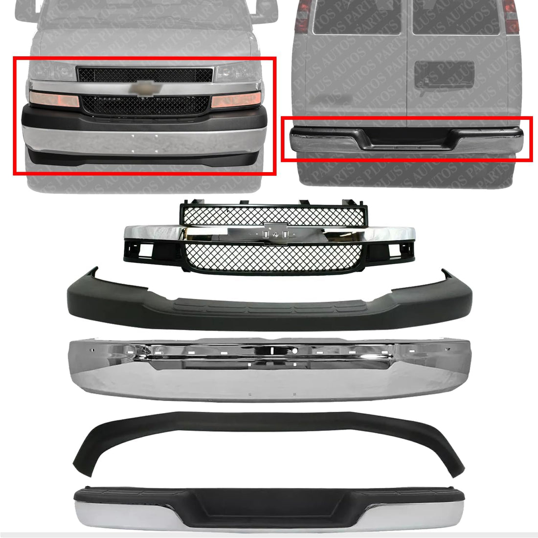Front & Rear Bumper Chrome Steel + Grille + Upper Cover Textured + Lower Valance Direct Replacement Compatible With 2003-2014 Chevrolet Express/GMC Savana 1500/2003-2017 2500 3500