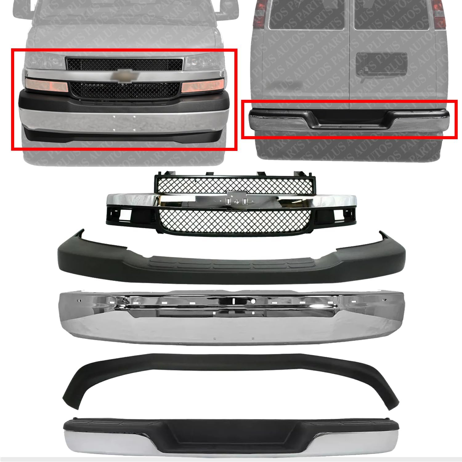 Front & Rear Bumper Chrome Steel + Grille + Upper Cover Textured + Lower Valance Direct Replacement Compatible With 2003-2014 Chevrolet Express/GMC Savana 1500/2003-2017 2500 3500