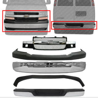 Front & Rear Bumper Chrome Steel + Grille + Upper Cover Textured + Lower Valance Direct Replacement Compatible With 2003-2014 Chevrolet Express/GMC Savana 1500/2003-2017 2500 3500