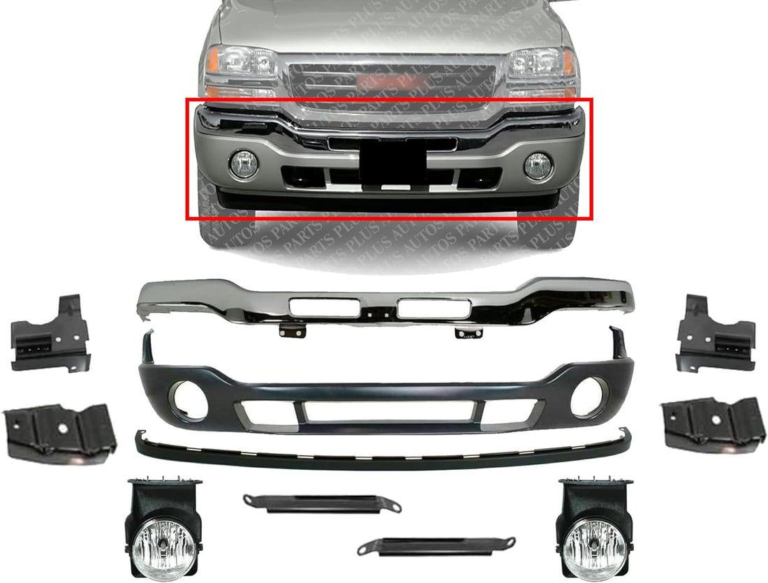 Front Bumper Chrome Steel With Brackets + Lower Valance + Extension Textured+ Fog Lamps Left & Right Side Direct Replacement Compatible With 2003-2006 GMC Sierra 1500 2500HD 3500