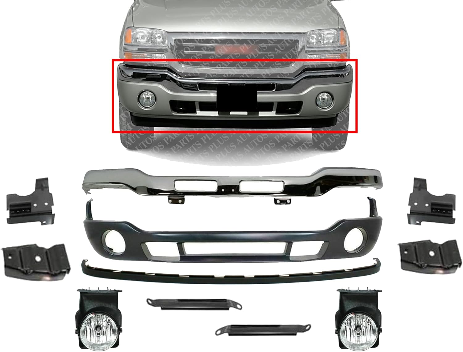 Front Bumper Chrome Steel With Brackets + Lower Valance + Extension Textured+ Fog Lamps Left & Right Side Direct Replacement Compatible With 2003-2006 GMC Sierra 1500 2500HD 3500