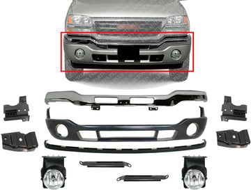Front Bumper Chrome Steel With Brackets + Lower Valance + Extension Textured+ Fog Lamps Left & Right Side Direct Replacement Compatible With 2003-2006 GMC Sierra 1500 2500HD 3500