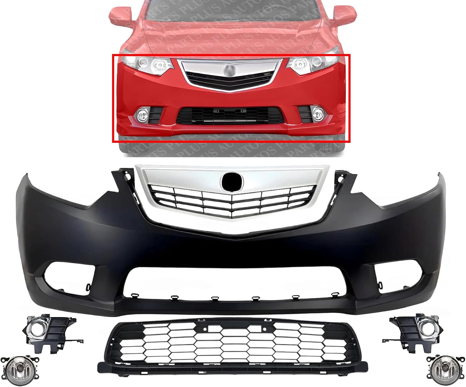 Front Bumper Cover Primed Plastic + Upper & Lower Grille + Fog Light + Trim & Molding Left Driver & Right Passenger Side Direct Replacement Compatible With 2011-2014 Acura TSX