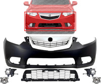 Front Bumper Cover Primed Plastic + Upper & Lower Grille + Fog Light + Trim & Molding Left Driver & Right Passenger Side Direct Replacement Compatible With 2011-2014 Acura TSX