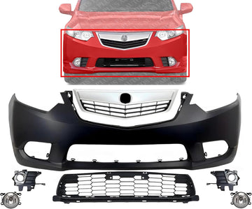 Front Bumper Cover Primed Plastic + Upper & Lower Grille + Fog Light + Trim & Molding Left Driver & Right Passenger Side Direct Replacement Compatible With 2011-2014 Acura TSX