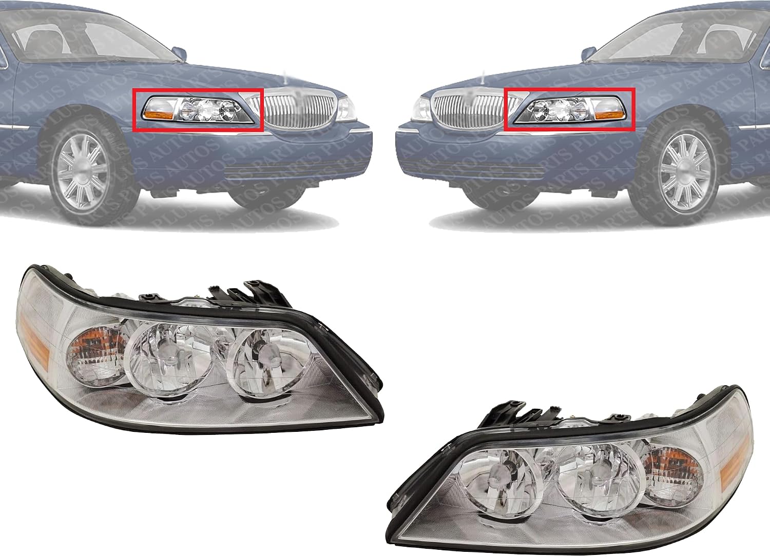 Set Of 2 Front Head Light Assembly Plastic Left Driver & Right Passenger Side Direct Replacement Compatible With 2005-2011 Lincoln Town Car FO2502214 FO2503214