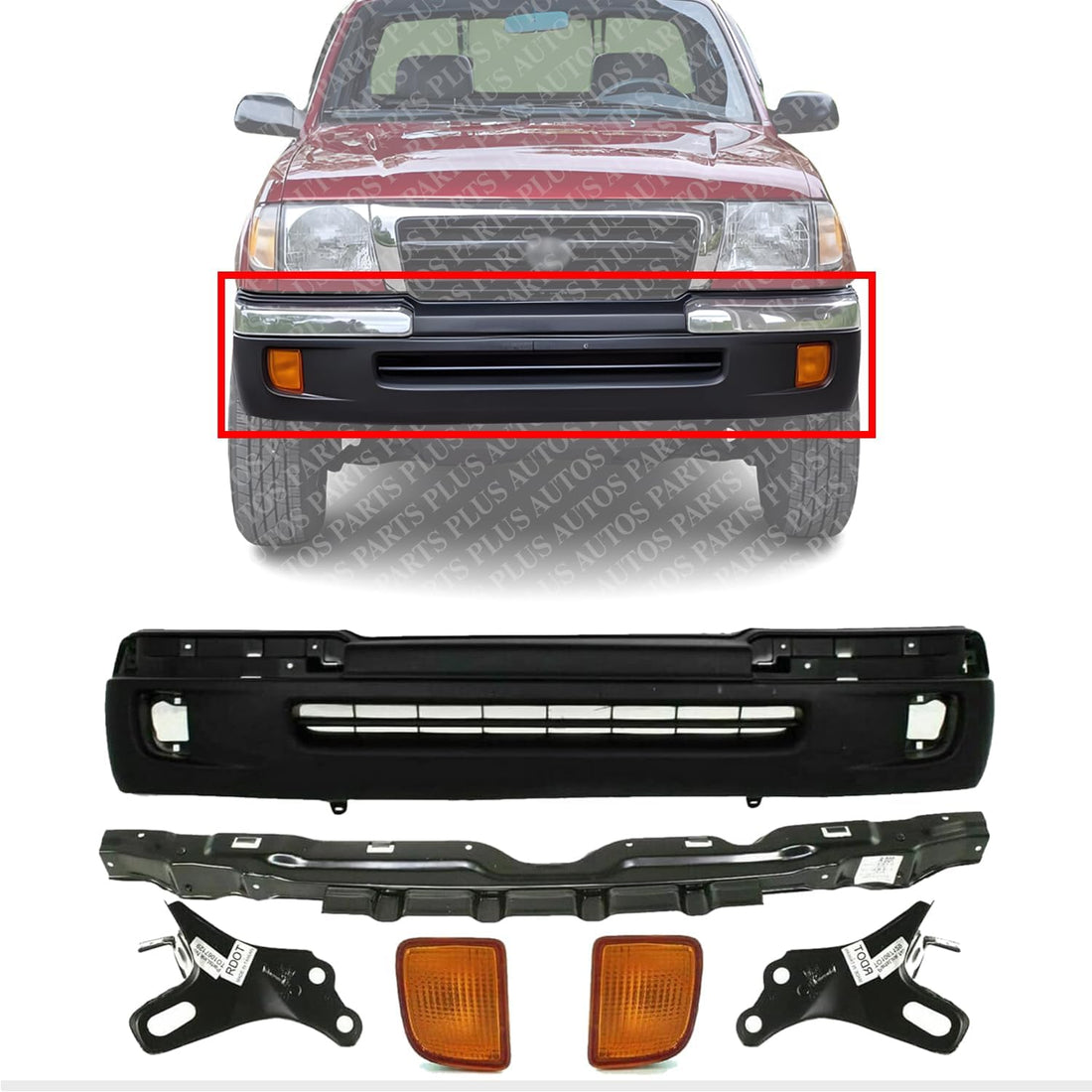 Front Bumper Textured + Reinforcement + Signal Lights + Brackets Right Passenger & Left Driver Side Direct Replacement Compatible With 1998-2000 Toyota Tacoma TO1095173 TO1025104