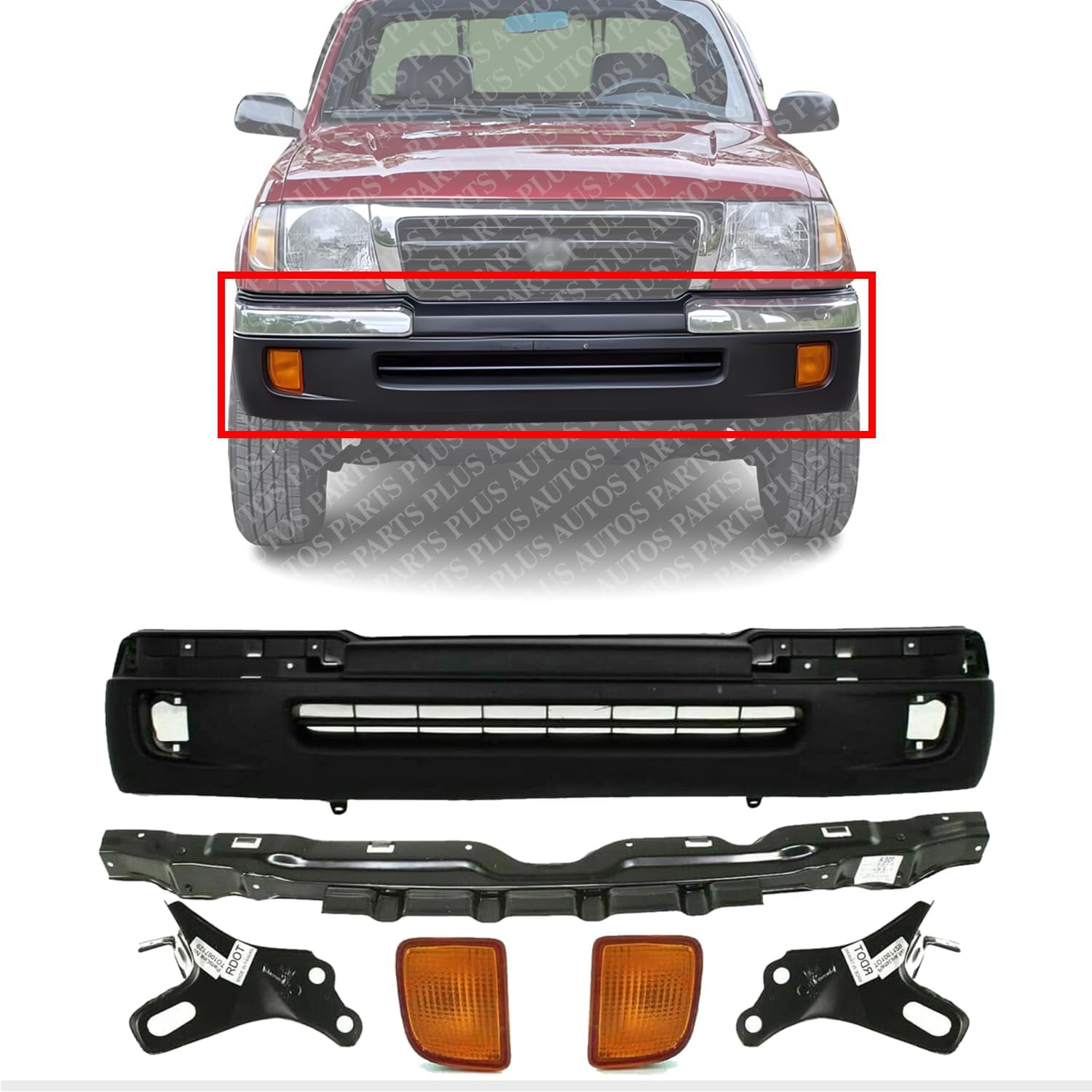 Front Bumper Textured + Reinforcement + Signal Lights + Brackets Right Passenger & Left Driver Side Direct Replacement Compatible With 1998-2000 Toyota Tacoma TO1095173 TO1025104