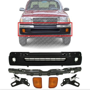 Front Bumper Textured + Reinforcement + Signal Lights + Brackets Right Passenger & Left Driver Side Direct Replacement Compatible With 1998-2000 Toyota Tacoma TO1095173 TO1025104