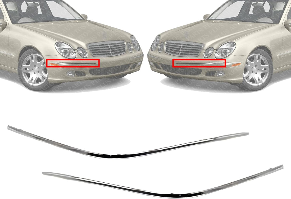 Set Of 2 Front Bumper Molding Chrome Left Driver & Right Passenger Side Direct Replacement Compatible With 2000-2002 Mercedes-Benz E-Class MB1044101 MB1044102 2108851074 2108850974
