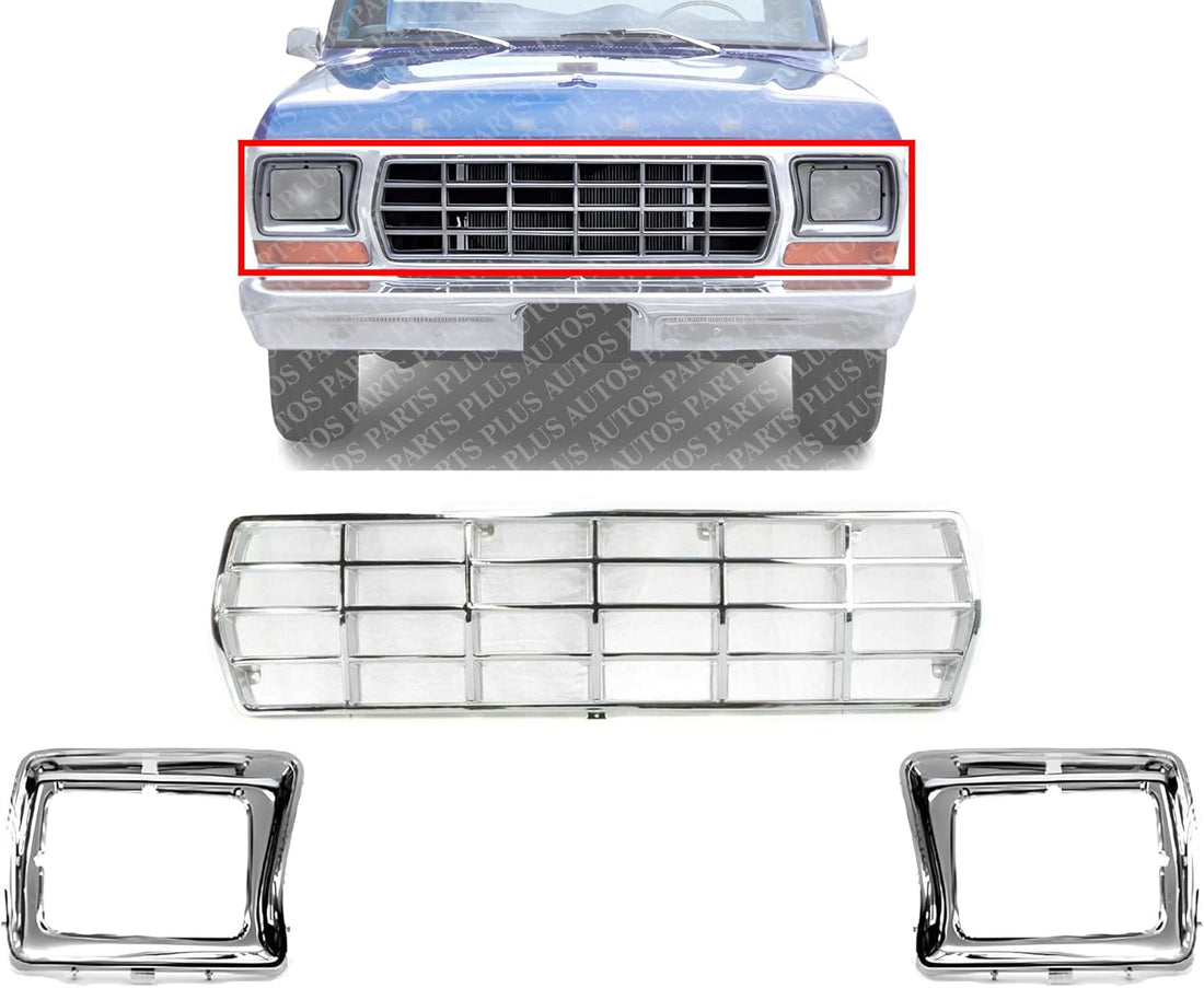 AUTOS PARTS PLUS Front Grille Chrome Shell & Insert + Headlights Door Bezels Left Driver & Right Passenger Side Direct Replacement Compatible With 1978-1979 Ford F-Series FO1200111 FO2512114 FO2513115