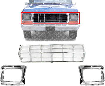AUTOS PARTS PLUS Front Grille Chrome Shell & Insert + Headlights Door Bezels Left Driver & Right Passenger Side Direct Replacement Compatible With 1978-1979 Ford F-Series FO1200111 FO2512114 FO2513115