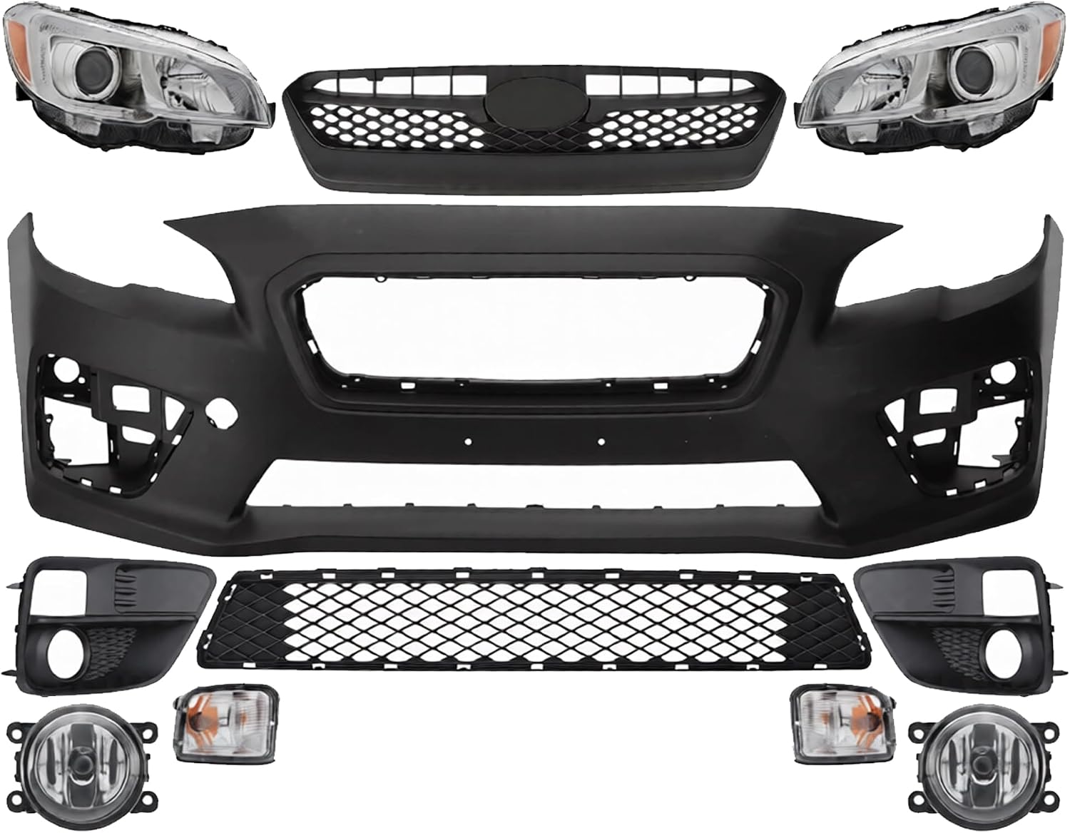 Front Bumper Cover Primed Plastic + Upper & Lower Grille + Headlight + Signal Lamp + Fog Light + Trim Left & Right Side Direct Replacement Compatible With 2015-2017 Subaru WRX