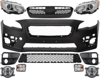 Front Bumper Cover Primed Plastic + Upper & Lower Grille + Headlight + Signal Lamp + Fog Light + Trim Left & Right Side Direct Replacement Compatible With 2015-2017 Subaru WRX
